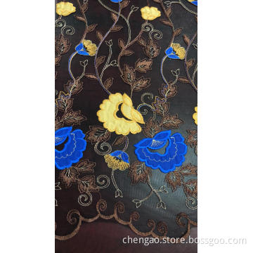 Yellow and Blue Flowers Mesh Embroider Fabric
